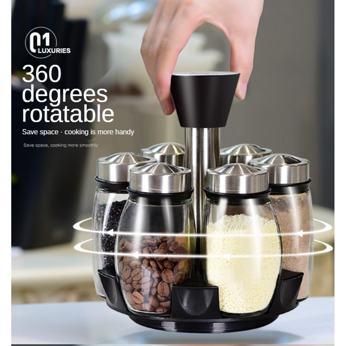 Rotatable 6 bottle spice rack glass material