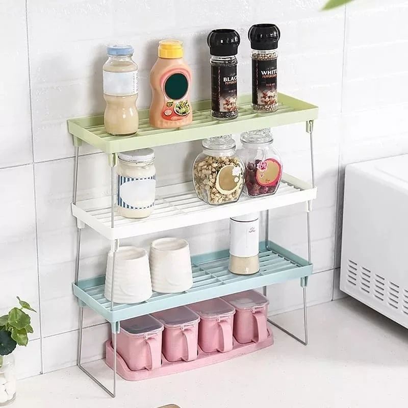 Kitchen Foldable Storage Rack - Plastic Shelf Organizer