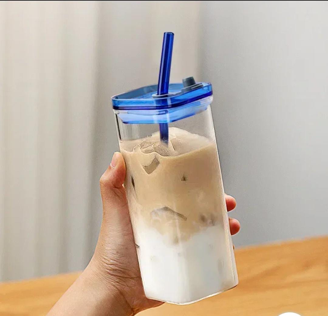 Square Glass Cup With Bamboo Lid and Straw