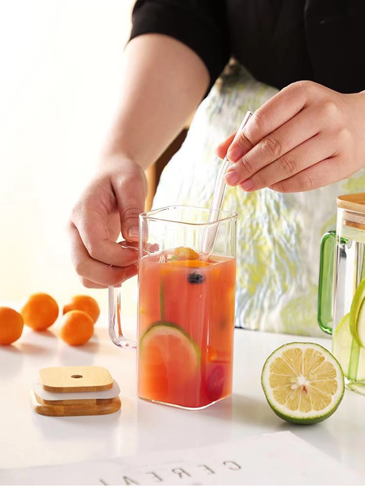 Square Glass Cup With Bamboo Lid and Straw