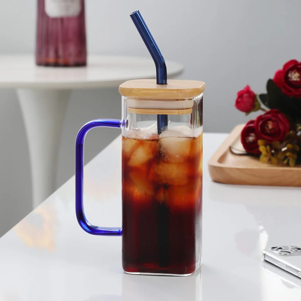 Square Glass Cup With Bamboo Lid and Straw