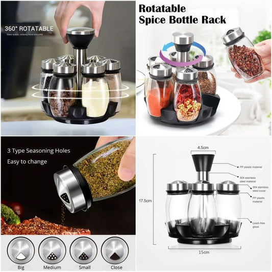 Rotatable 6 bottle spice rack glass material
