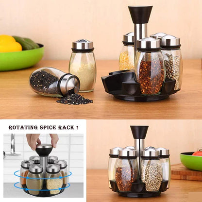 Rotatable 6 bottle spice rack glass material