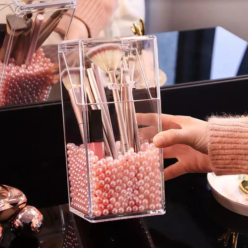Transparent brush holder with pearls
