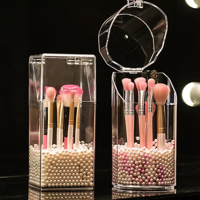 Transparent brush holder with pearls