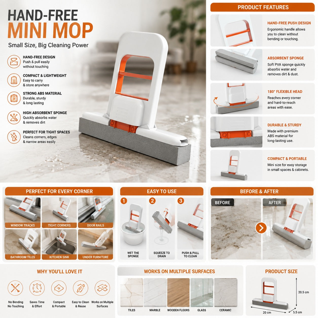 Hand-Free Squeeze Mini Mop - Portable Desktop & Kitchen Cleaning Tool