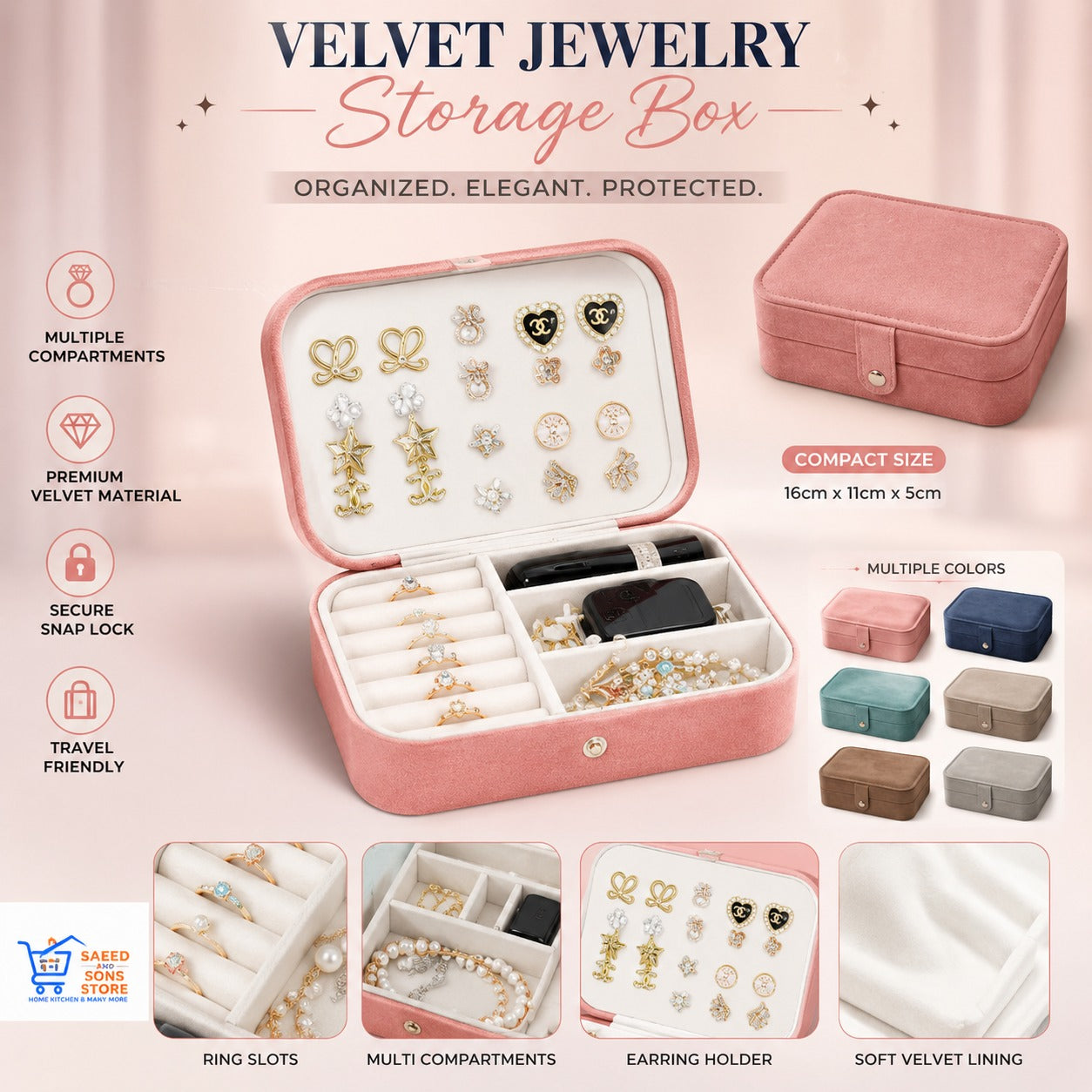 Portable Velvet Jewelry Storage Box - Travel Organizer Case with Snap Lock