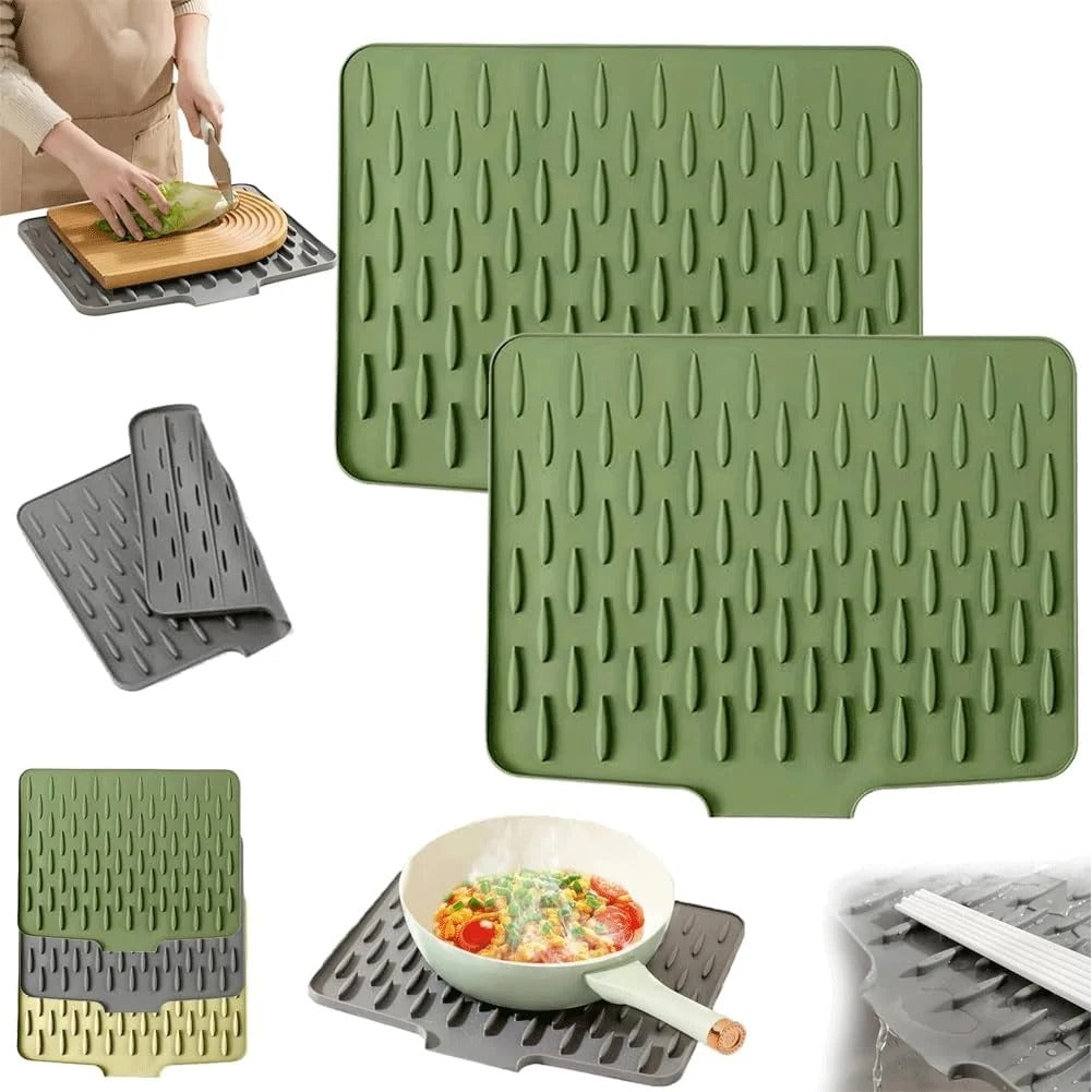 Silicone Dish Drying Mat with Drainage Lip & Raised Ribs for Kitchen Counter