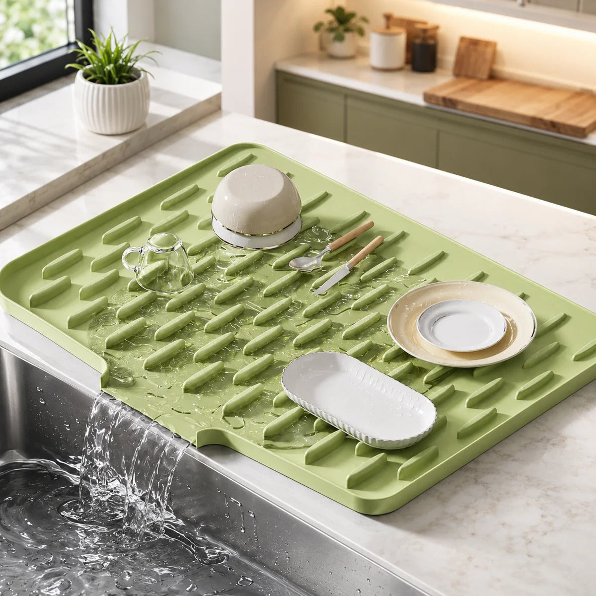 Silicone Dish Drying Mat with Drainage Lip & Raised Ribs for Kitchen Counter
