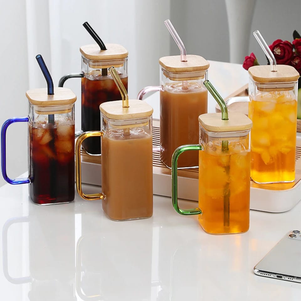 Square Glass Cup With Bamboo Lid and Straw