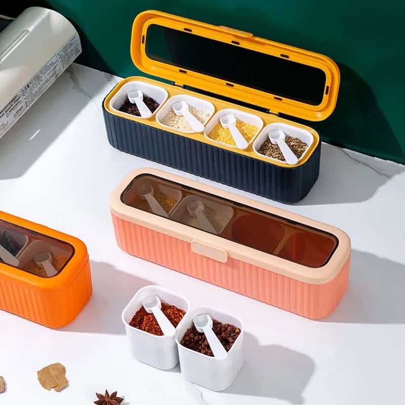 Plastic 4 Portions Seasoning Box With Jars & Spoons